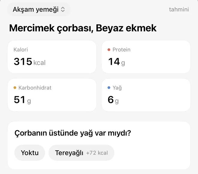 Mercimek çorbası ve beyaz ekmek, 315 kcal; “Çorbanın üstünde yağ var mıydı?” sorusu ve Yoktu ya da Tereyağı (artı 72 kcal) yanıtları.