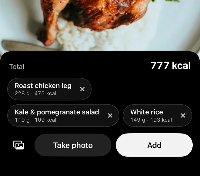 Live scan result: roast chicken leg, kale and pomegranate salad and white rice, 777 kcal in total.