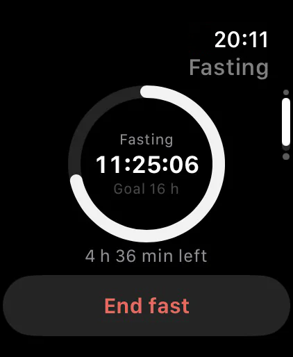 Apple Watch: fasting timer at 11:25:06 of a 16-hour goal, with an End fast button.