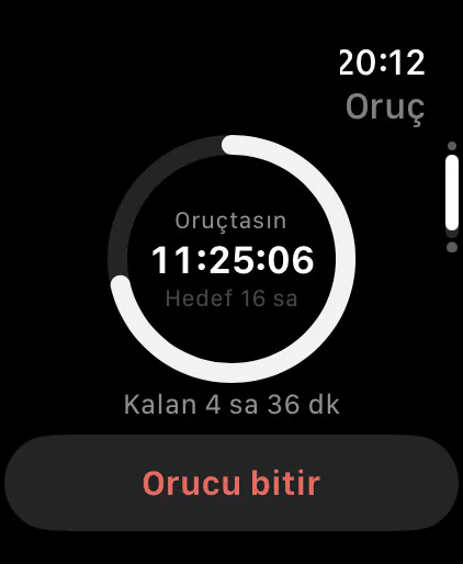 Apple Watch: 16 saatlik hedefte 11:25:06’daki oruç zamanlayıcısı ve Orucu bitir düğmesi.