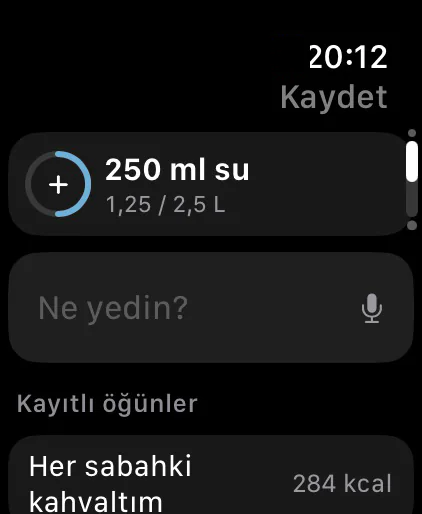 Apple Watch: 250 ml su kaydet, ne yediğini sesle söyle ve kayıtlı öğünler.